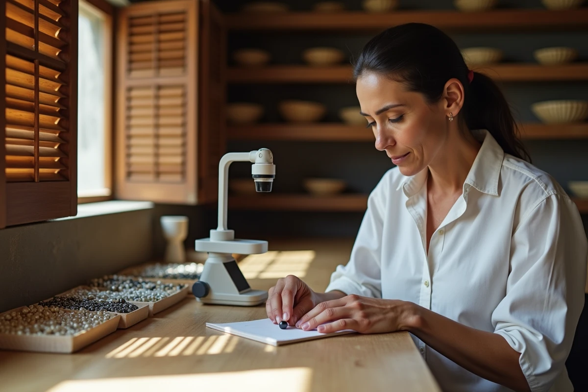 Experte en perles de Tahiti examinant une perle noire à la loupe dans un atelier de triage polynésien, évaluant la qualité du lustre et de la surface