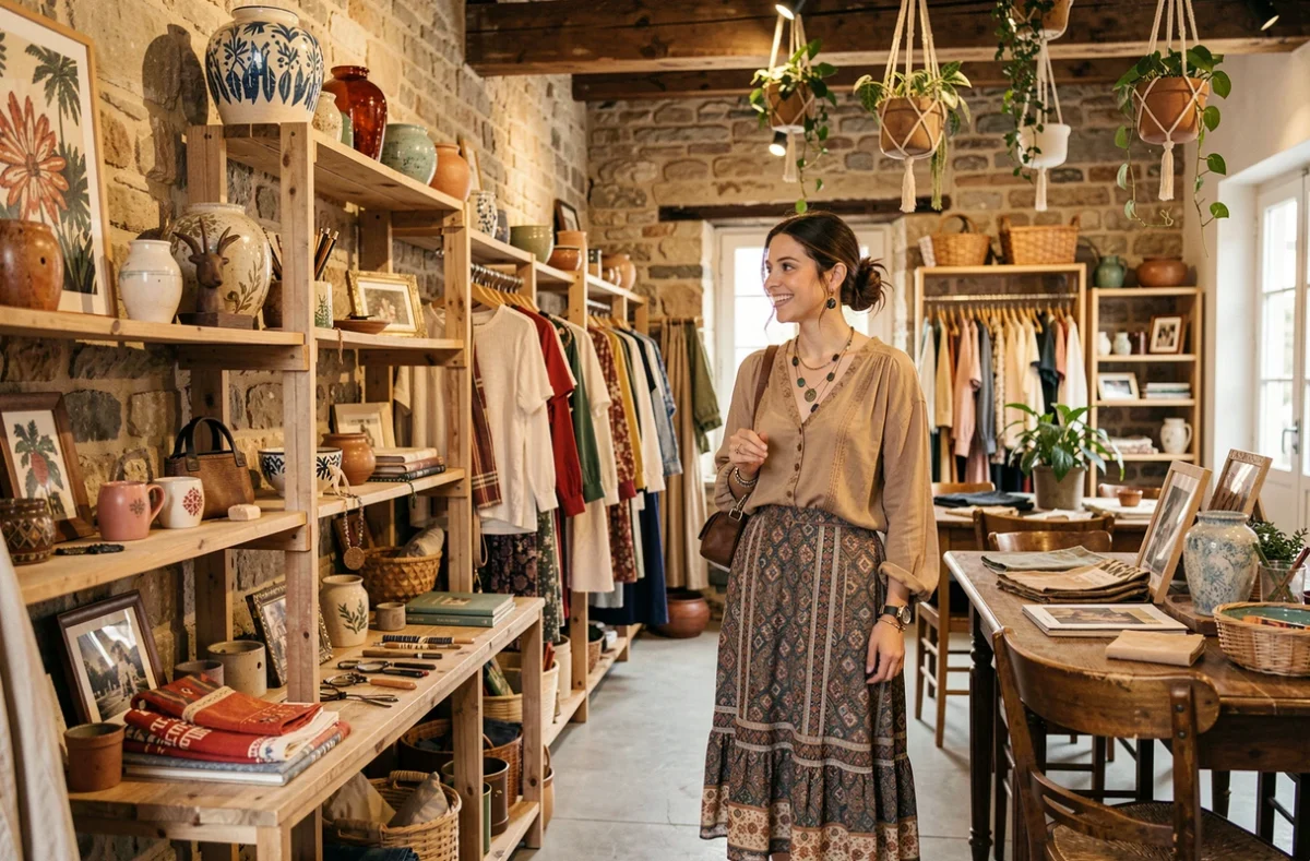 Femme bohème explorant le Felixidade Concept Store à Montbrison, intérieur éclectique avec mobilier vintage et pièces artisanales