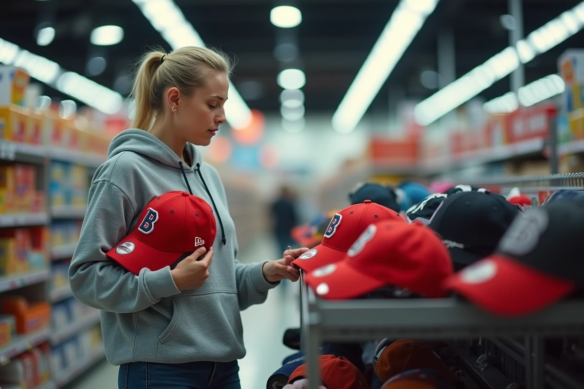 Femme examinant une casquette Trump dans un magasin discount en rayon accessoires