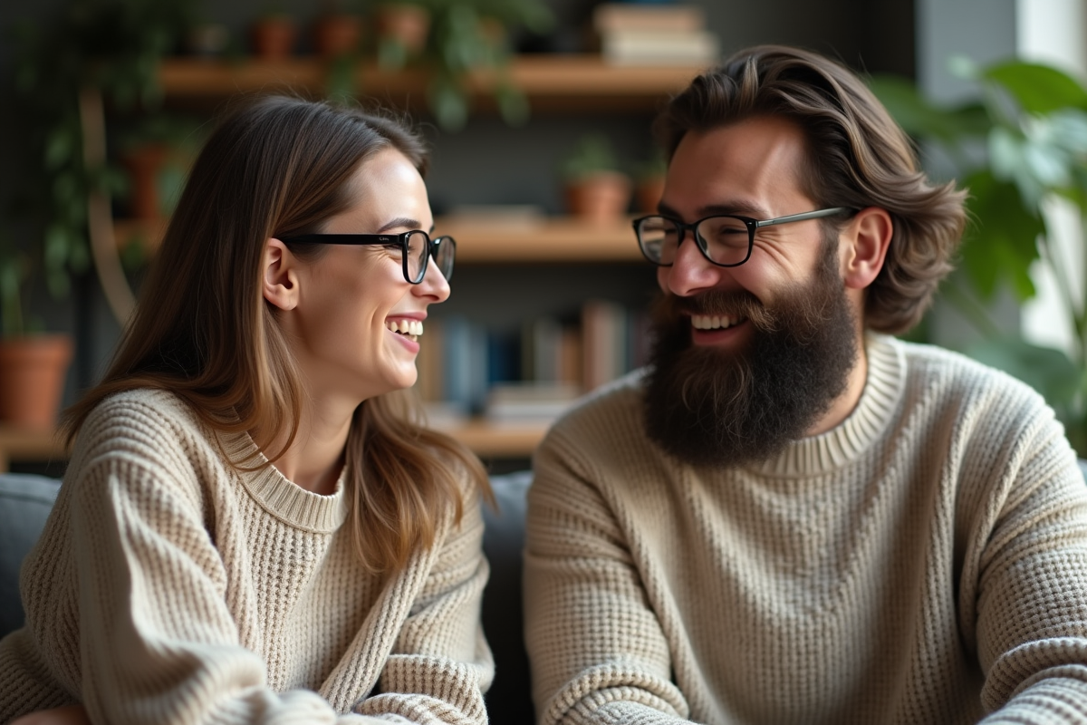 Femme souriante avec ami dans salon cosy