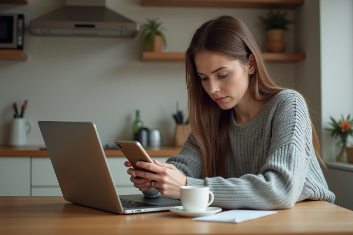 Jeune femme vérifiant une annulation d'achat en ligne