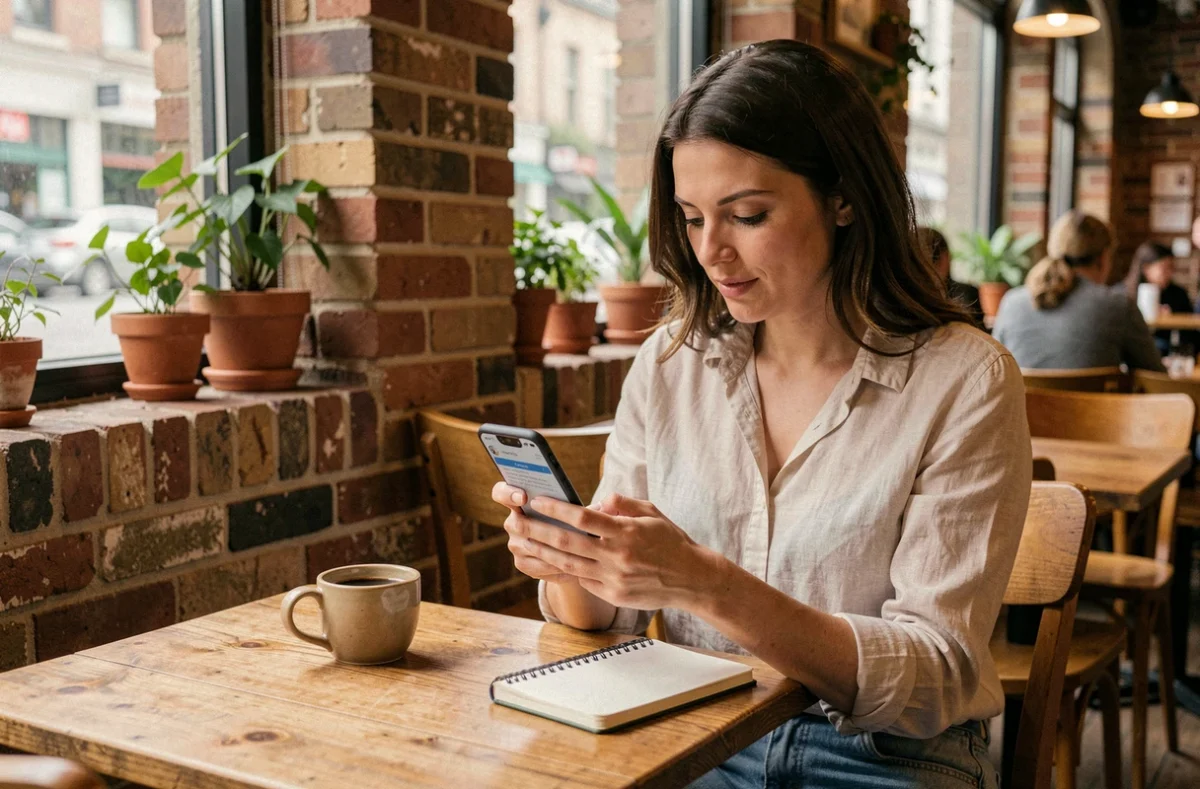 Femme utilisant une application de planification de loisirs sur smartphone dans un café urbain chaleureux