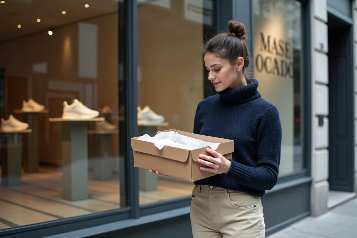 Femme découvrant une paire de baskets édition limitée devant une boutique de sneakers haut de gamme en ville