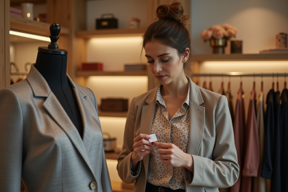 Femme élégante dans une boutique de luxe examine une robe