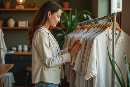 Jeune femme dans une boutique écologique regardant des chemises en coton bio