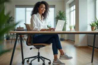 Femme professionnelle assise au bureau avec sneakers stylés