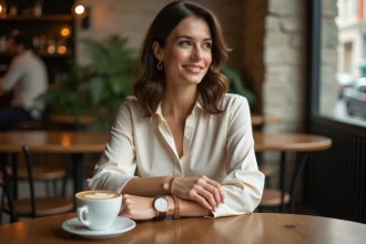 Femme élégante ajustant son bracelet dans un café parisien