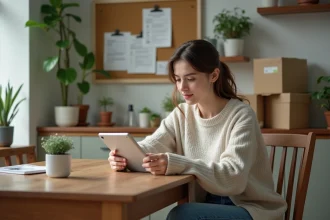 Jeune femme avec tablette dans une cuisine chaleureuse