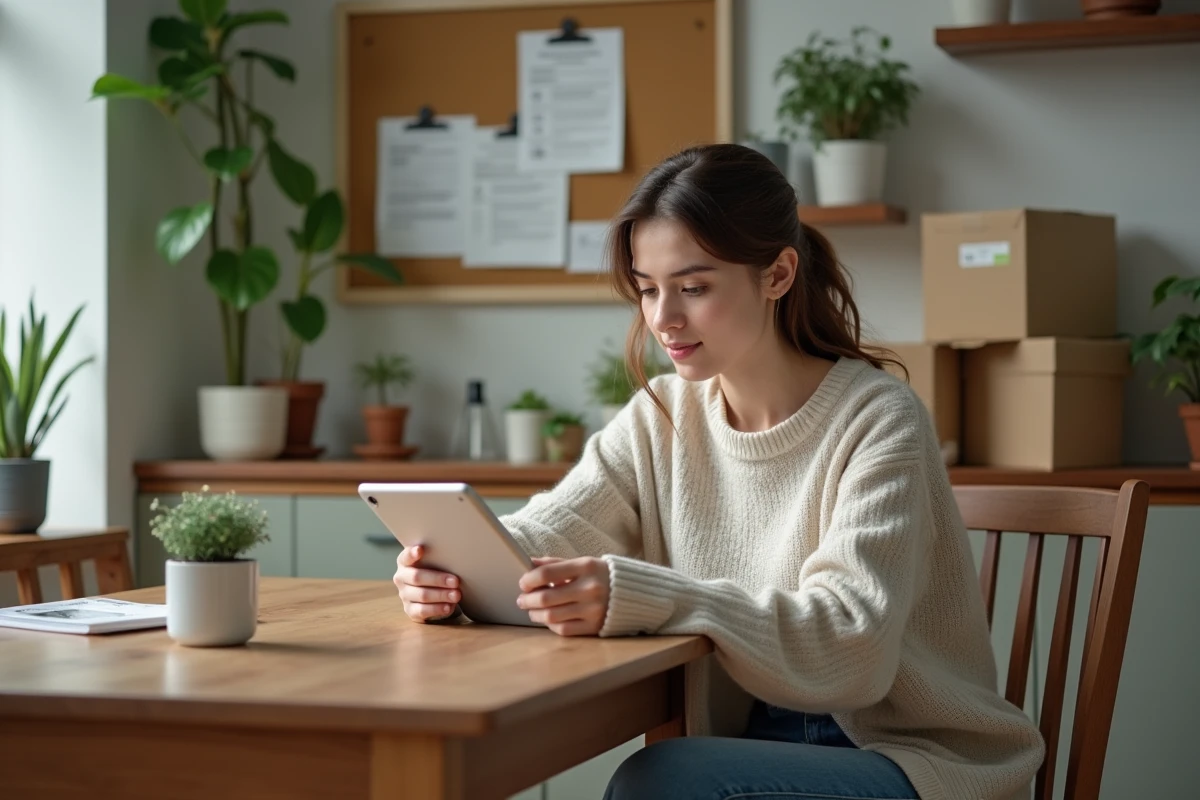 Jeune femme avec tablette dans une cuisine chaleureuse