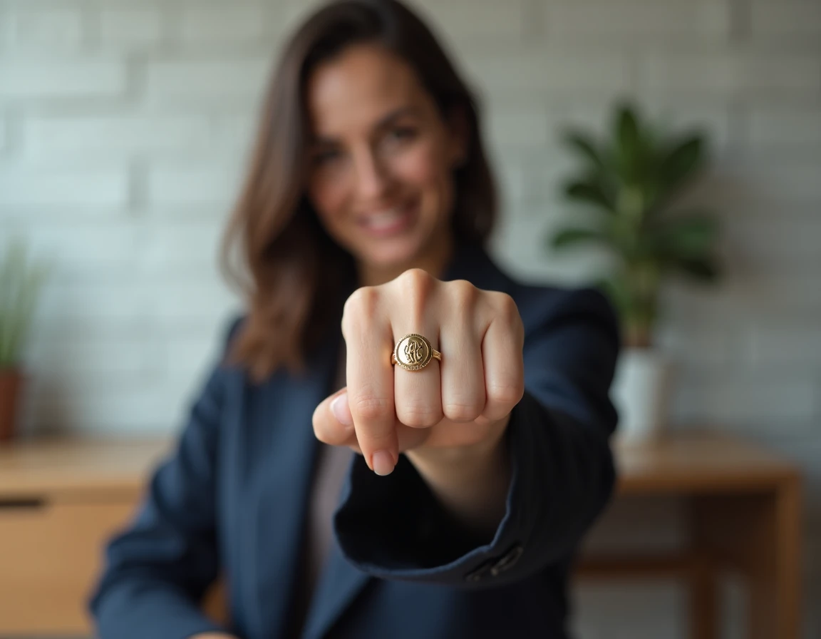 Femme portant une chevalière en or gravée avec des initiales en monogramme sur l'index, dans un bureau moderne épuré