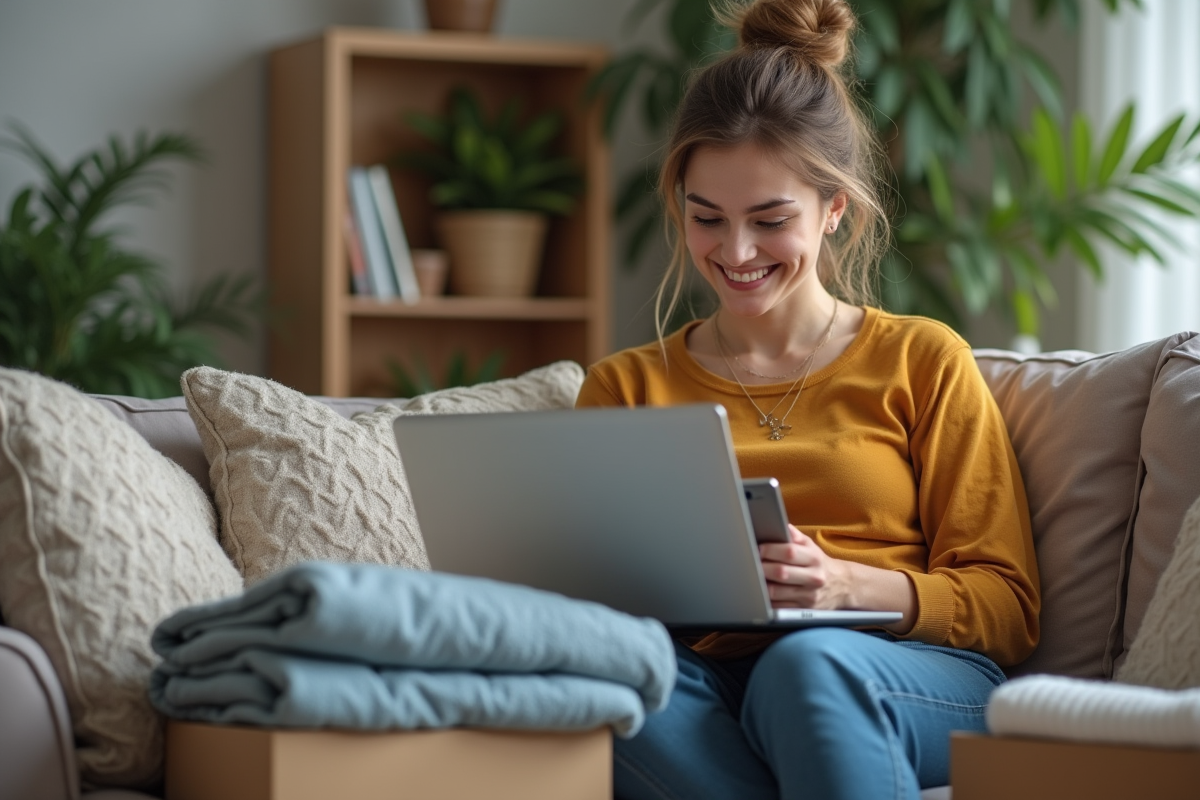 Femme jeune utilisant ordinateur et smartphone à la maison