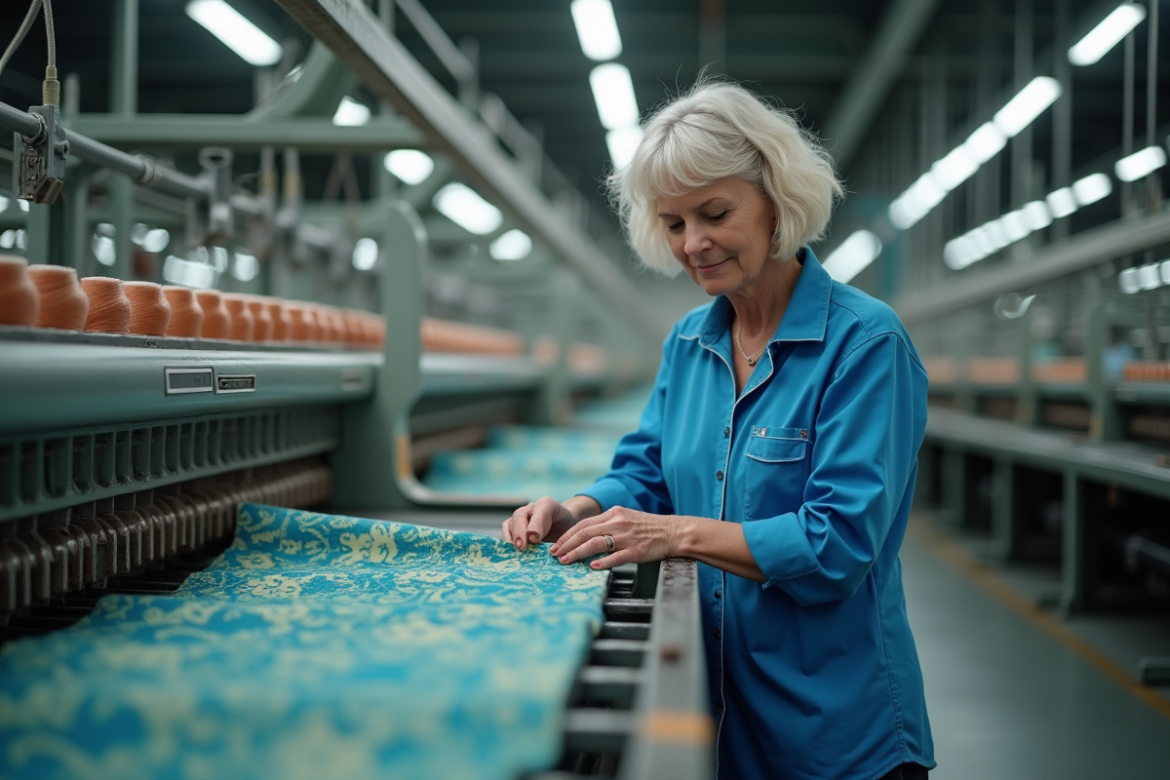 Femme inspectant un tissu dans une usine textile