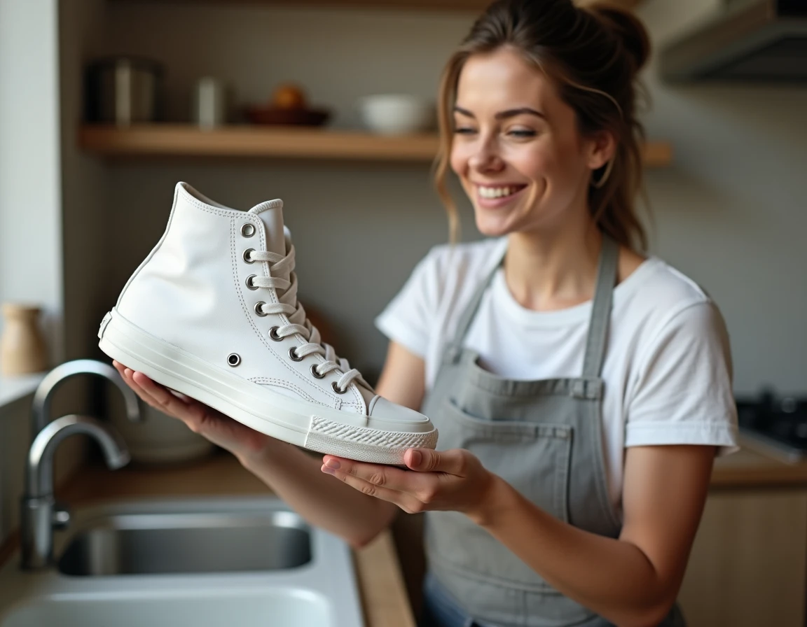 Femme tenant une Converse blanche propre après l'avoir nettoyée au bicarbonate dans sa cuisine