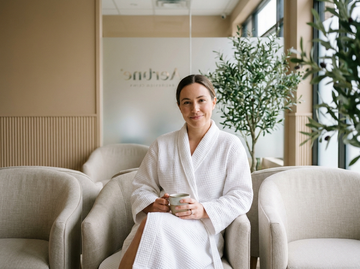 Femme détendue en robe blanche dans une salle d'attente de clinique esthétique moderne, tenant une tasse de tisane dans un cadre apaisant