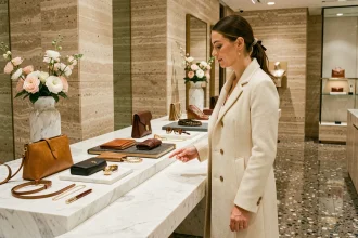 Femme élégante en manteau cachemire crème dans une boutique de luxe parisienne aux murs en travertin et comptoir en marbre, illustrant les nouveaux codes du luxe contemporain