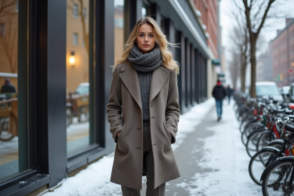 Femme élégante en manteau d'hiver dans la ville enneigée