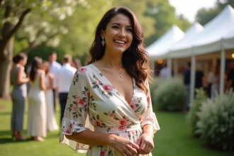 Femme souriante en robe fleurie lors d'un mariage en plein air