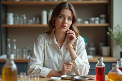 Femme appliquant du rouge à lèvres dans un laboratoire moderne