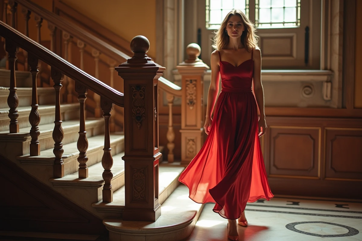 Femme en robe longue montant un escalier en intérieur