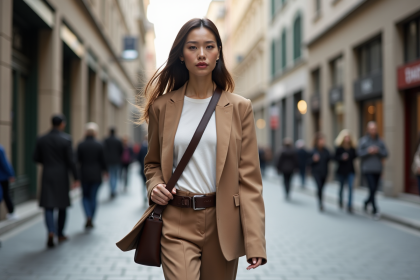 Femme élégante en blazer oversized dans une rue urbaine