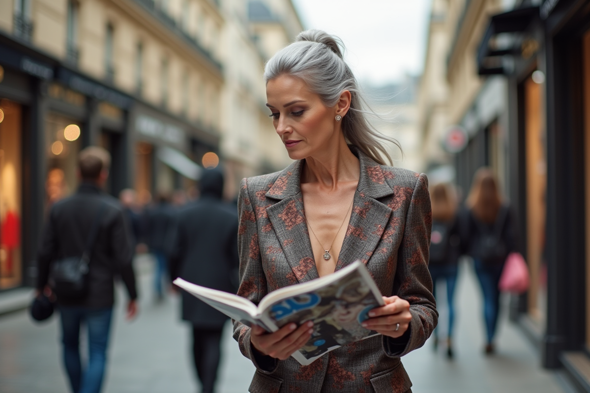 Femme stylée marchant dans une rue parisienne