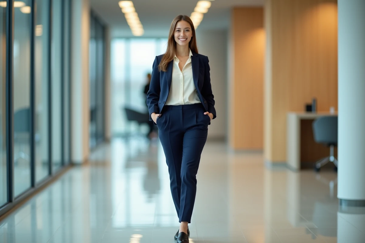 Femme confiante dans un couloir d office lumineux