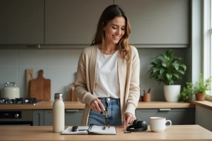 Femme en cuisine organise accessoires essentiels