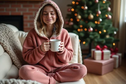 Femme adulte en combinaison pilou-pilou rose poudré sur un canapé douillet décoré pour Noël, tenant une tasse chaude avec un sapin en arrière-plan