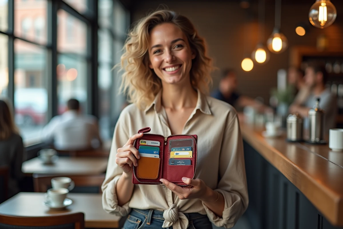 Femme tenant un portefeuille compact personnalisé avec multiples compartiments dans un café urbain
