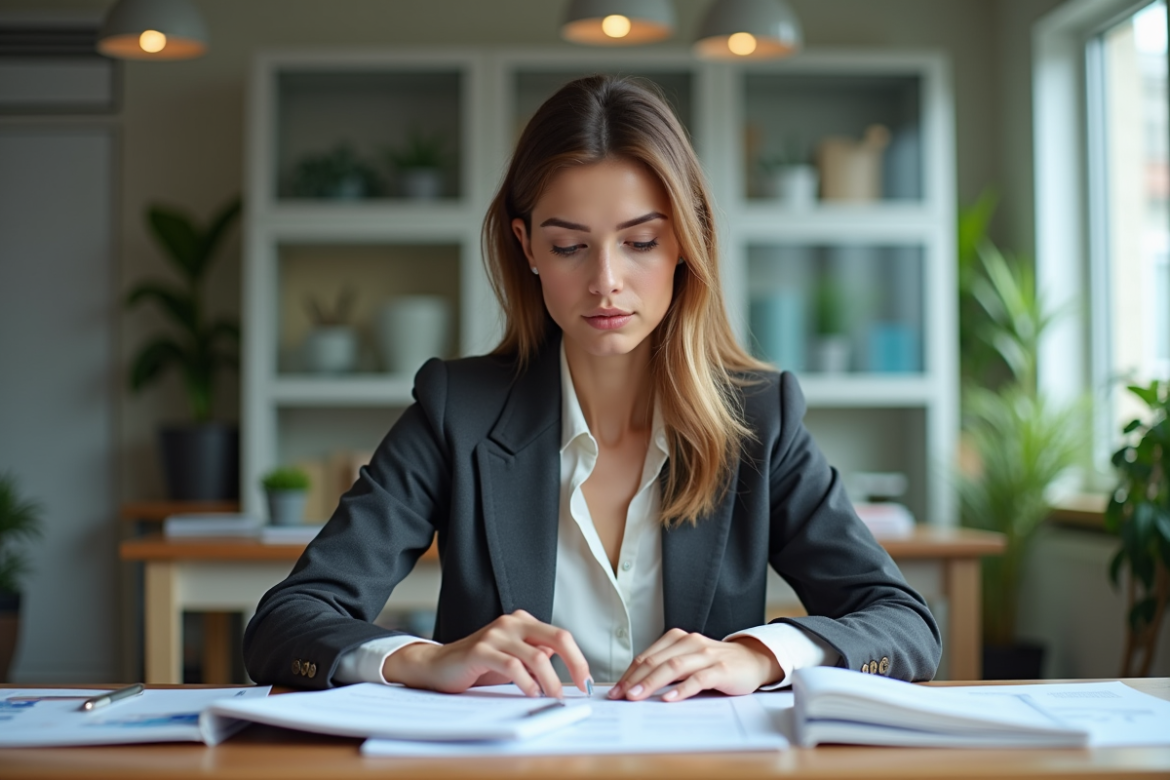 Jeune femme en blazer analysant des dossiers au bureau