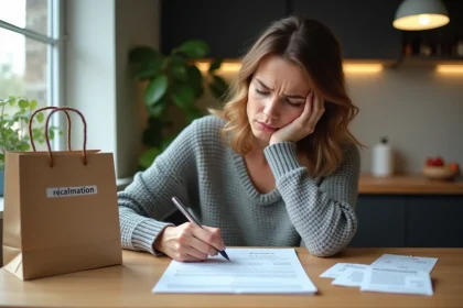 Femme frustrée examinant une réclamation ZARA ignorée à une table en bois avec un sac et un reçu