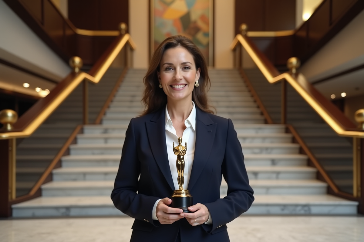 Femme avec prix devant un escalier élégant