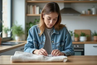 Jeune femme en denim retirant un anti-vol sur un pull dans une cuisine moderne