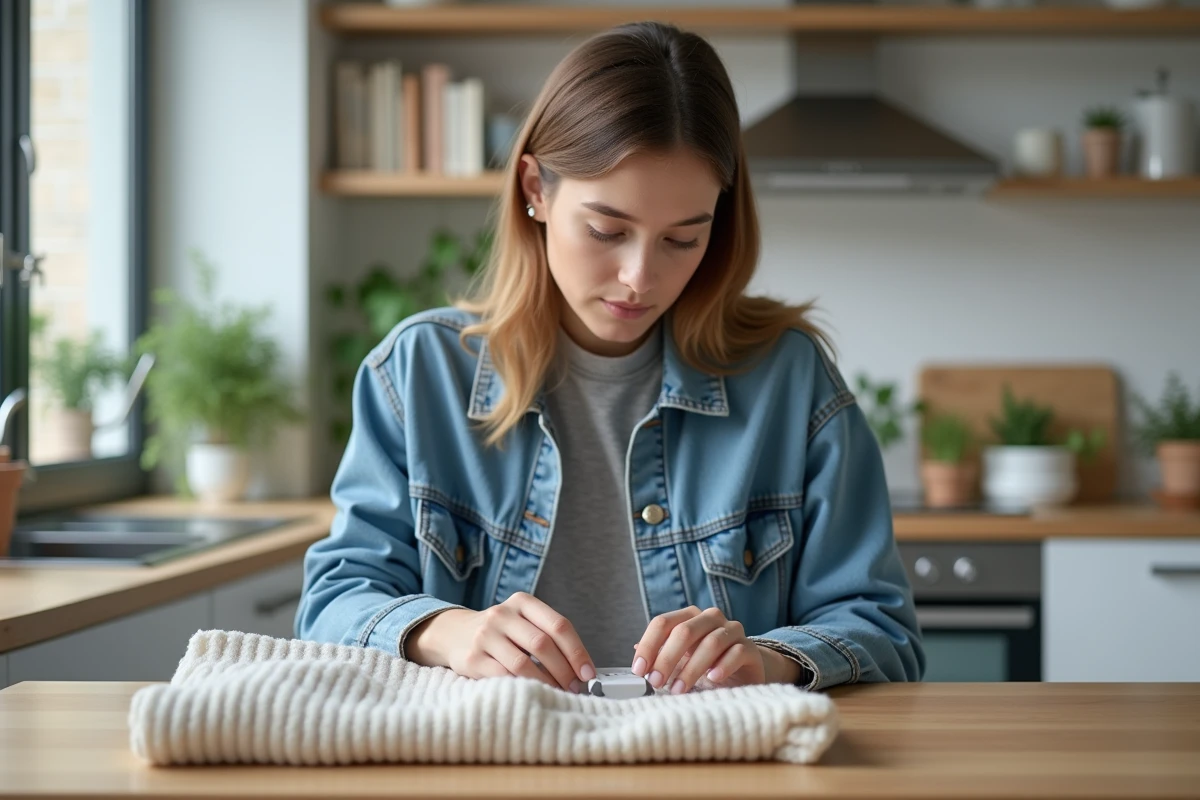 Jeune femme en denim retirant un anti-vol sur un pull dans une cuisine moderne