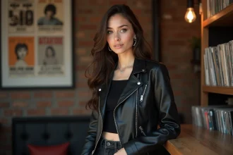 Femme en cuir noir dans un café urbain ambiance rock