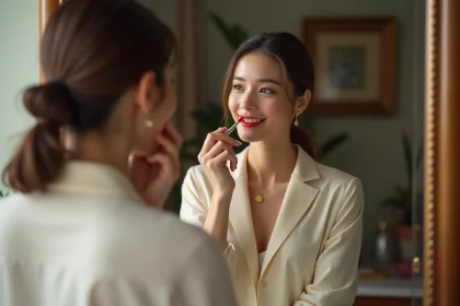 Femme élégante appliquant rouge à lèvres en intérieur