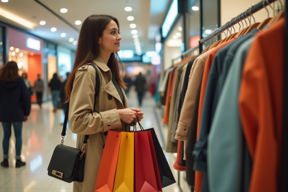 Femme élégante dans un centre commercial en soldes