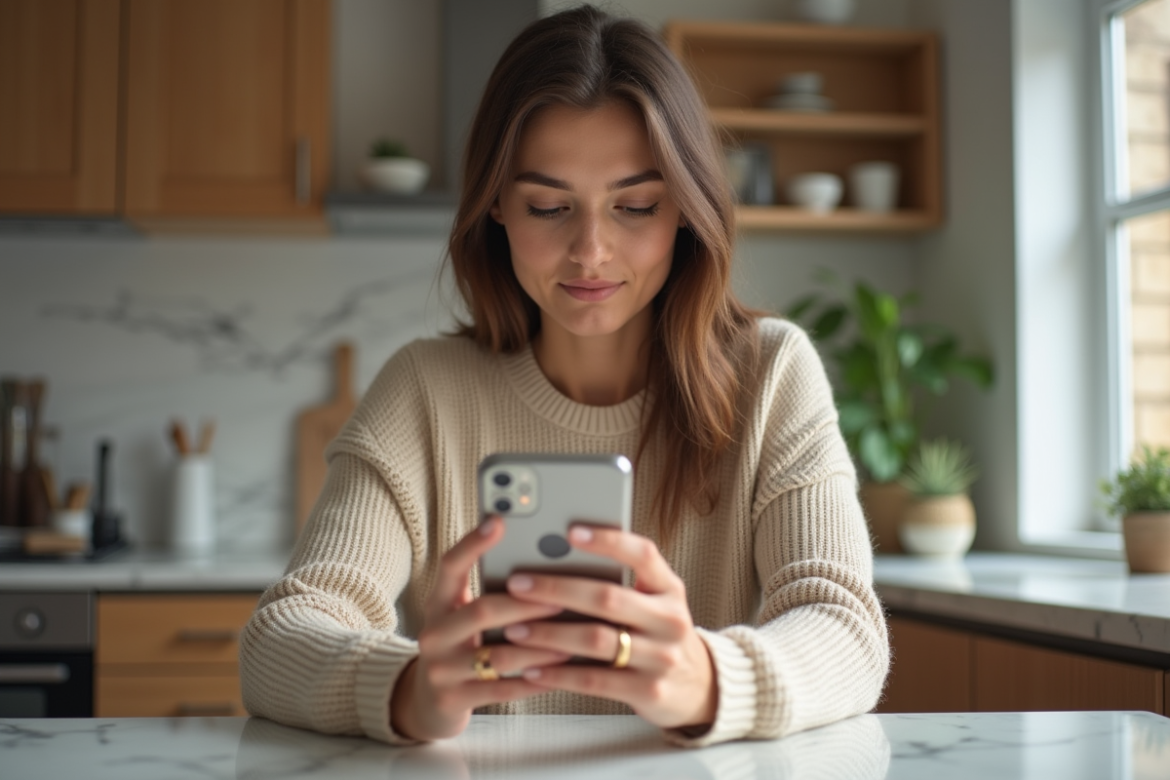 Jeune femme regardant son smartphone et sa bague dans la cuisine