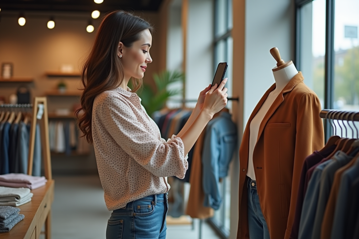 Femme prenant en photo un mannequin en boutique de mode
