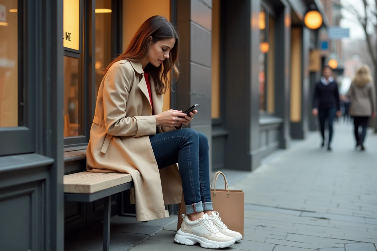 Femme élégante en trench coat et sneakers devant la devanture d'un magasin de mode urbaine