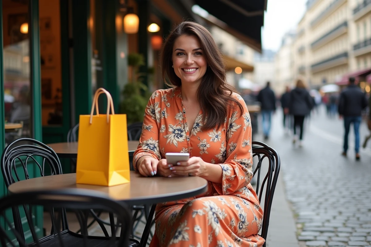 Femme souriante en terrasse de café parisien