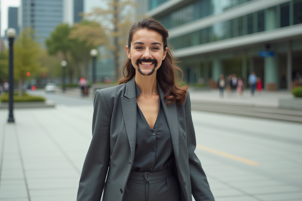 Jeune femme avec barbe stylée dans une ville moderne