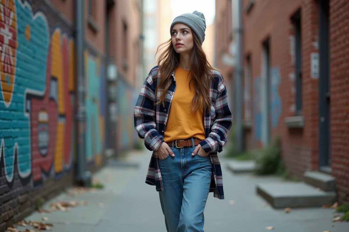 Femme en streetwear marchant dans une ruelle urbaine