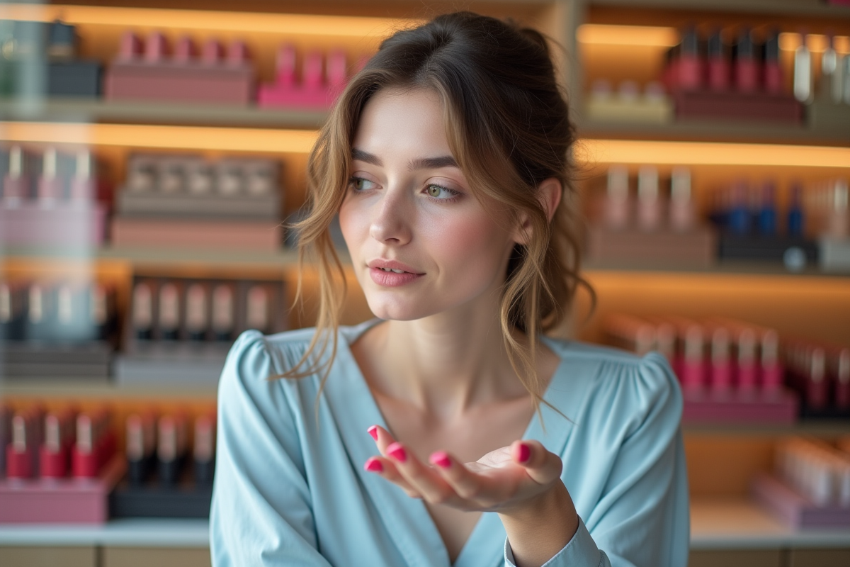 Femme testant différentes teintes de rouge à lèvres en boutique