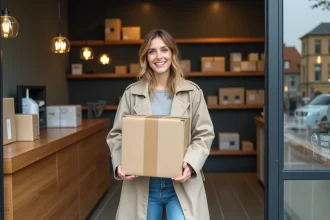 Femme souriante dans un trench beige dans un point relais urbain