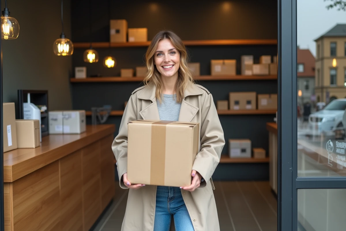 Femme souriante dans un trench beige dans un point relais urbain