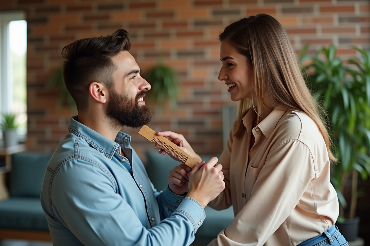 Femme coiffant un homme avec une barbe tendance dans un salon