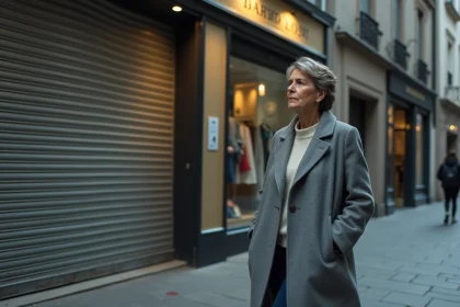 Femme en manteau casual devant un magasin fermé en ville