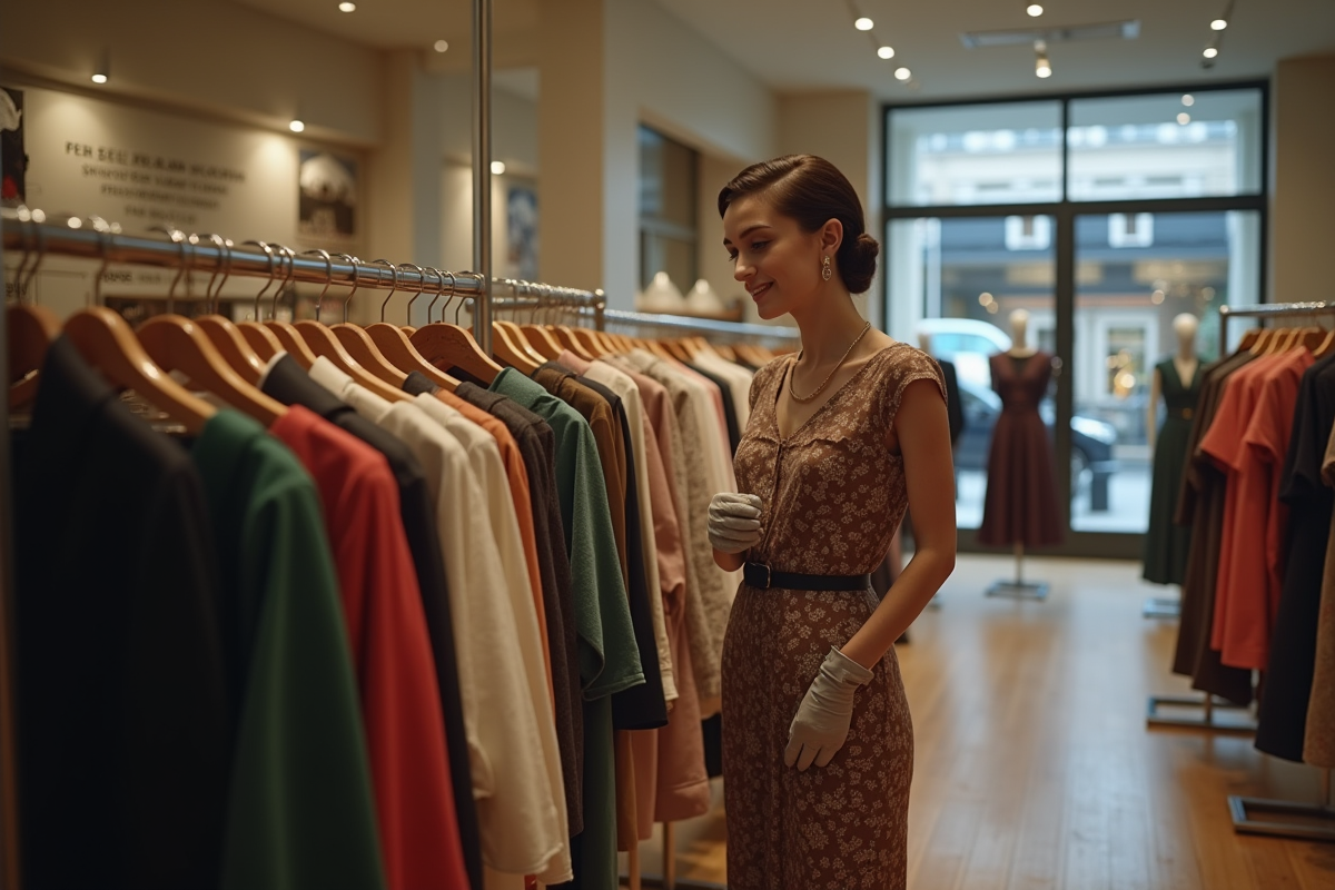 Jeune femme dans une boutique moderne regardant un mannequin