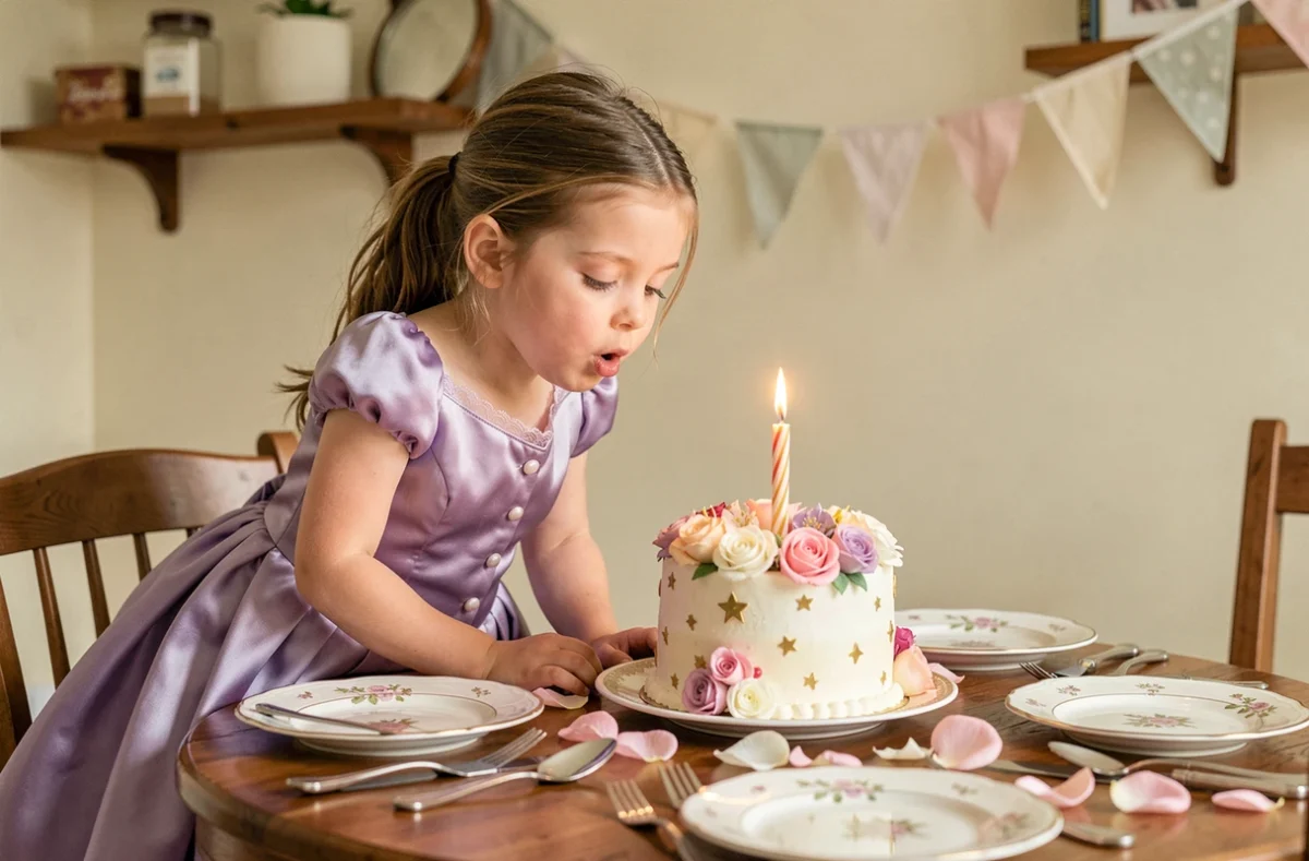 Fillette en robe de princesse lavande soufflant les bougies de son gâteau d'anniversaire fait maison
